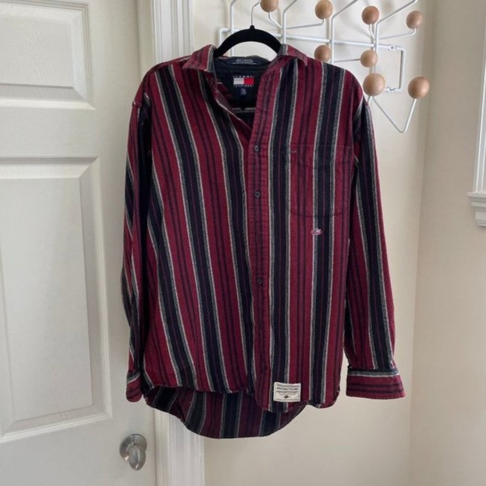 Tommy Hilfiger Vintage 90s Button Down  Red Black Striped  Size Small